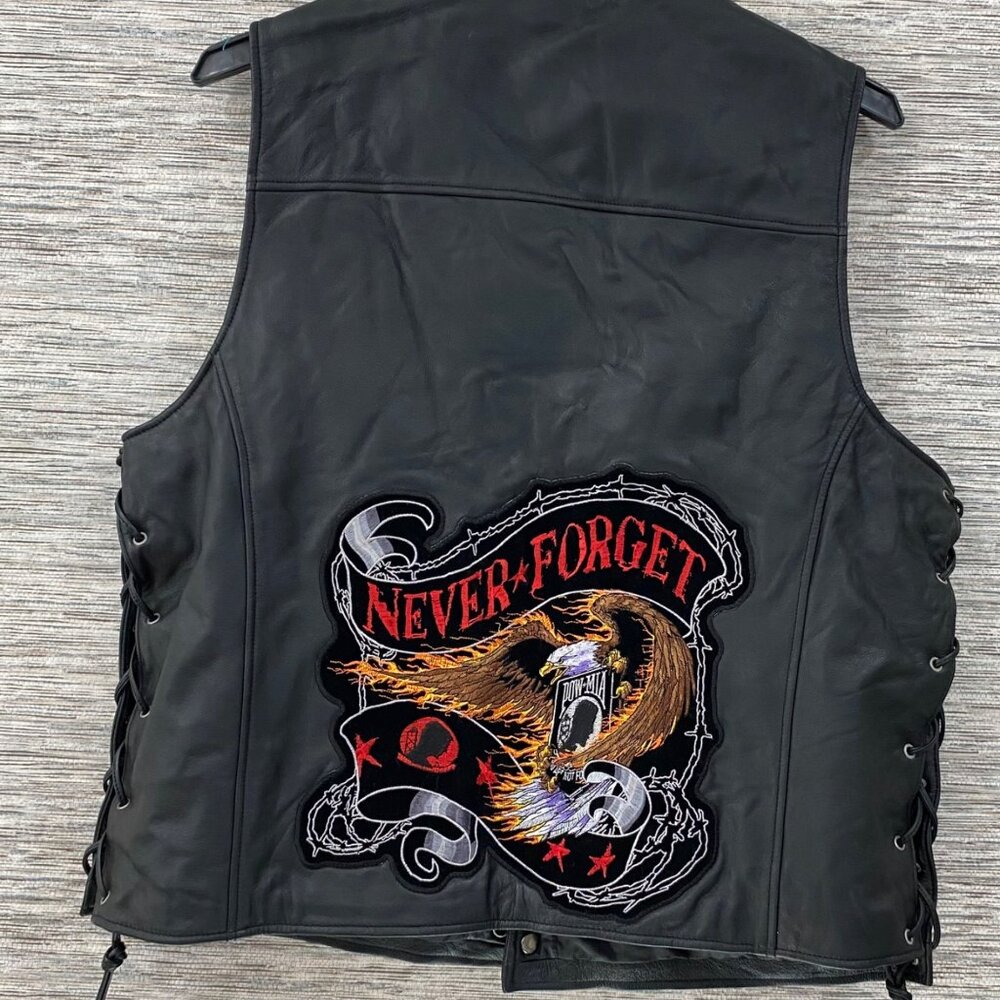 Harley Davidson Black Leather Vest With Never Forget Eagle Embroidery Side Lace